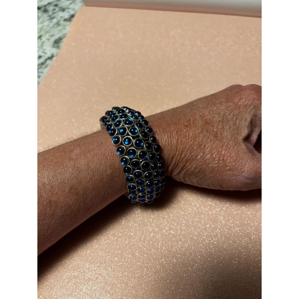 Vintage Blue Cabochon Stretch Cuff Bracelet Silver Tone Triple Row Expansion